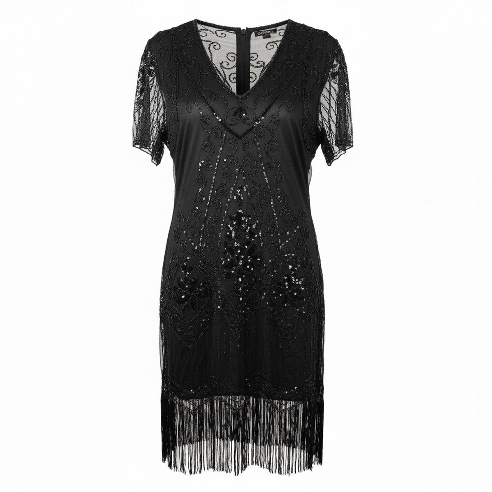 Babeyond Black Sequin Beaded‎ Flapper Dress 1920s Great Gatsby Style Fringe 3XL